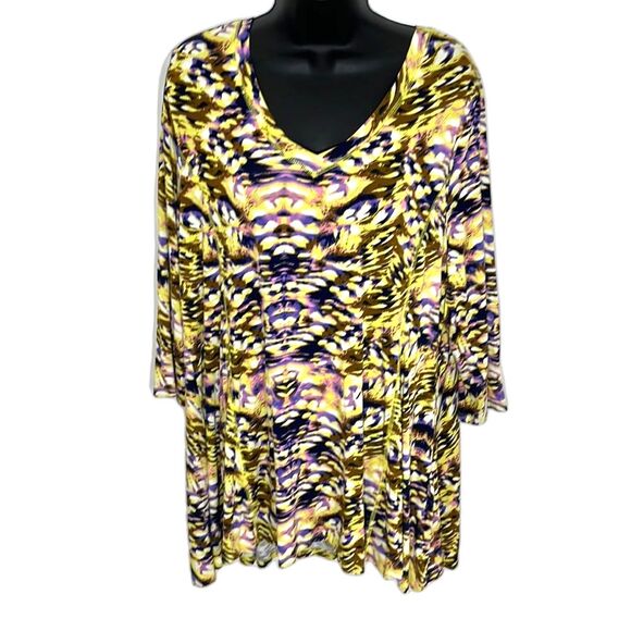 Avenue Patterned 3/4 Sleeve Top Multi Color Yellow Size 20 - Picture 3 of 11